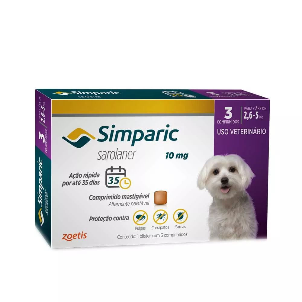Simparic Antipulgas Para Cães De 2,6 A 5kg - 10mg - 3 Comprimidos