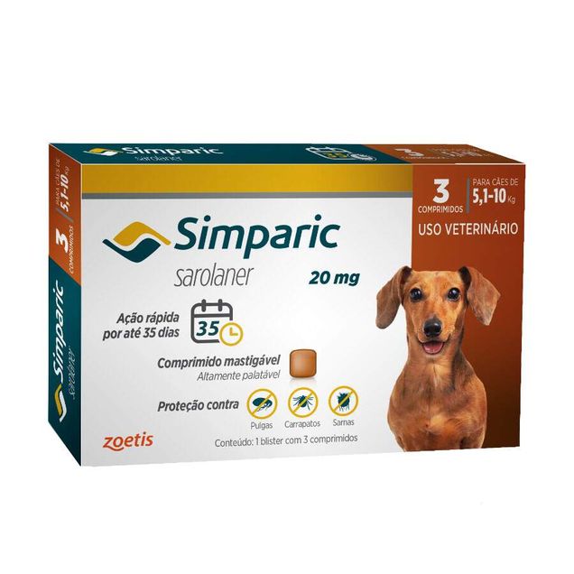 Antipulgas para Cães Simparic 20 mg 5,1–10 kg 3 comprimidos