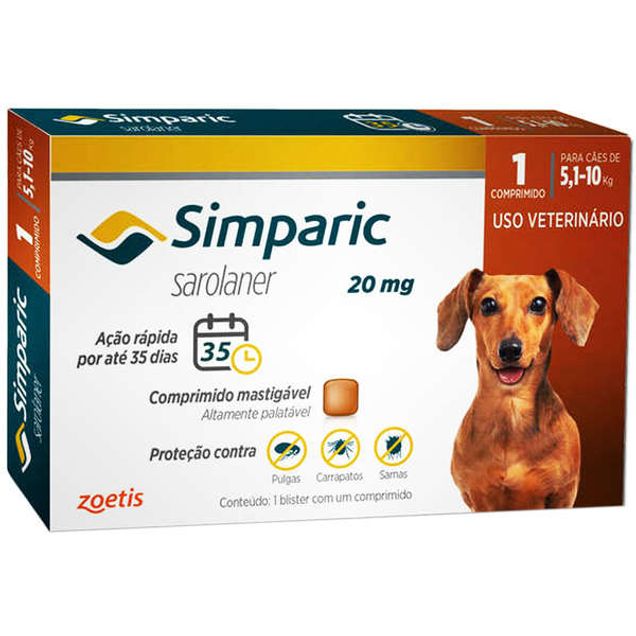 Antipulgas para cães Simparic 20mg (5,1–10 kg) mastigável 1 comprimido