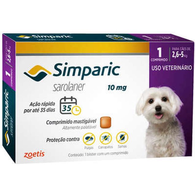 Antipulgas para Cães Simparic 10mg 2,6-5,0kg 1 comprimido