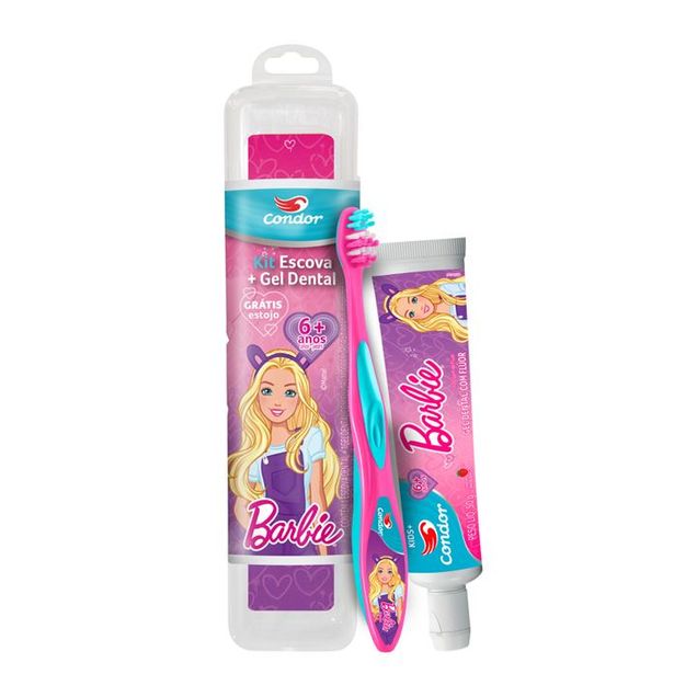 Kit Infantil Creme Dental Morango Flúor Barbie CONDOR 50g