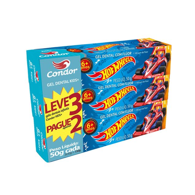 Creme Dental Infantil Hot Wheels Morango Anti-cáries 1100ppm CONDOR 3x50g