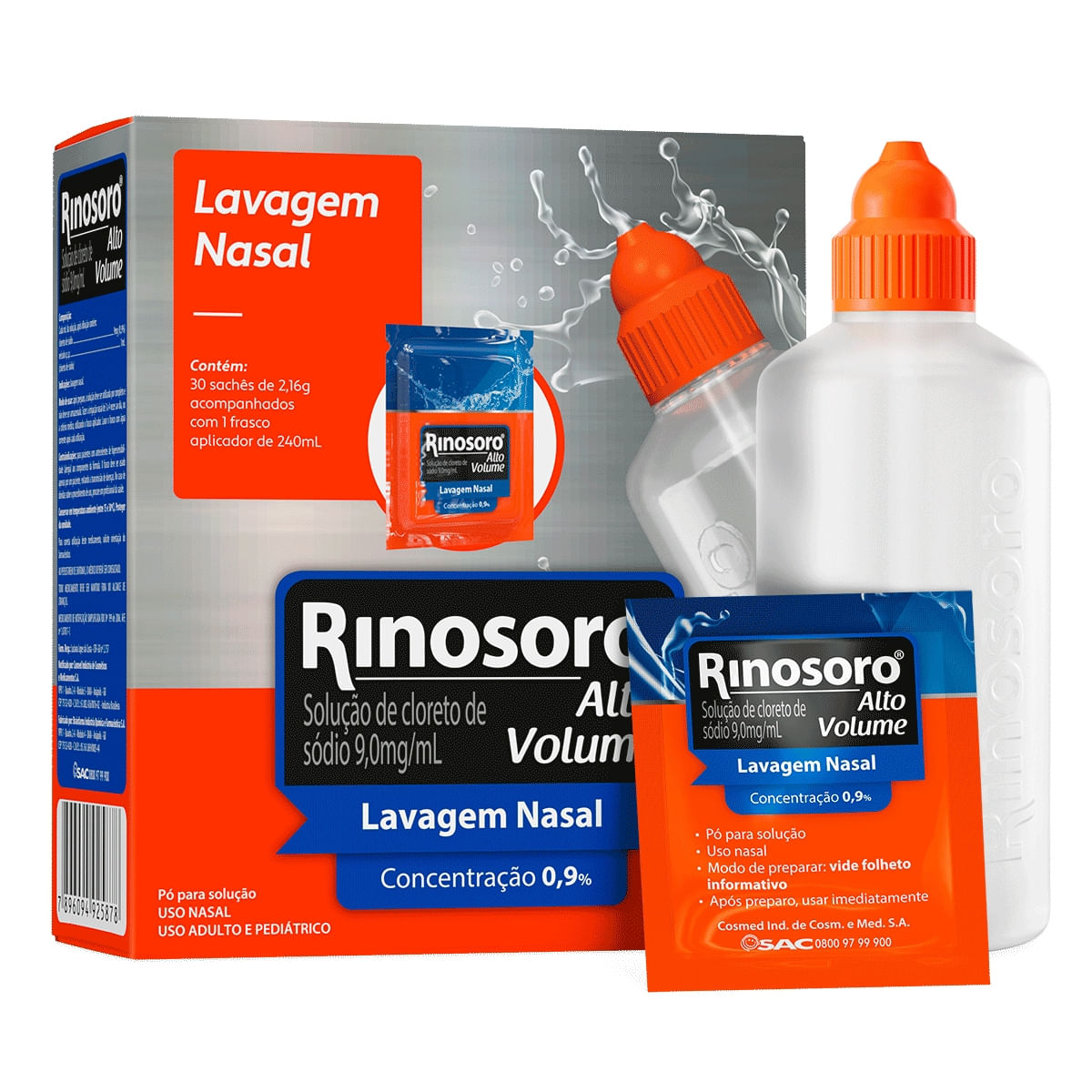 Rinosoro Alto Volume Lavagem Nasal 0,9% Rinosoro 30 sachês + frasco 240ml
