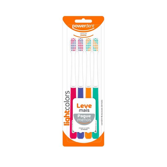 Escova Dental Powerdent Light Colors Cerdas Macias 4 Unidades