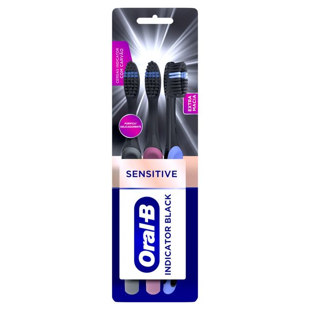 Escova Dental Manual Indicator Carvão Cerdas Extra Macias Oral B 3 Unidades