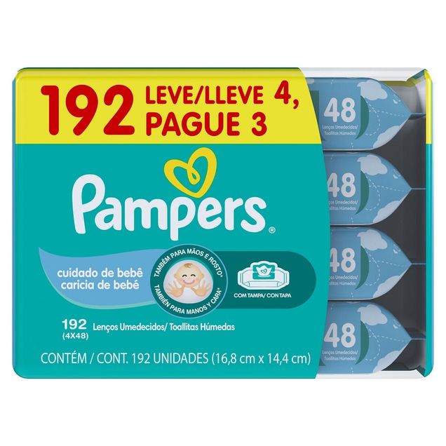 Kit Lenço Umedecido Pampers Cuidado de Bebê 4 pacotes de 48 unidades