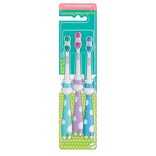 Escova Dental Infantil Kess Extra Macia Cabeça Compacta Sortida 3 unidades
