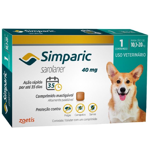 Medicamento Veterinário Simparic 40mg Cães 10,1–20kg 1 comprimido