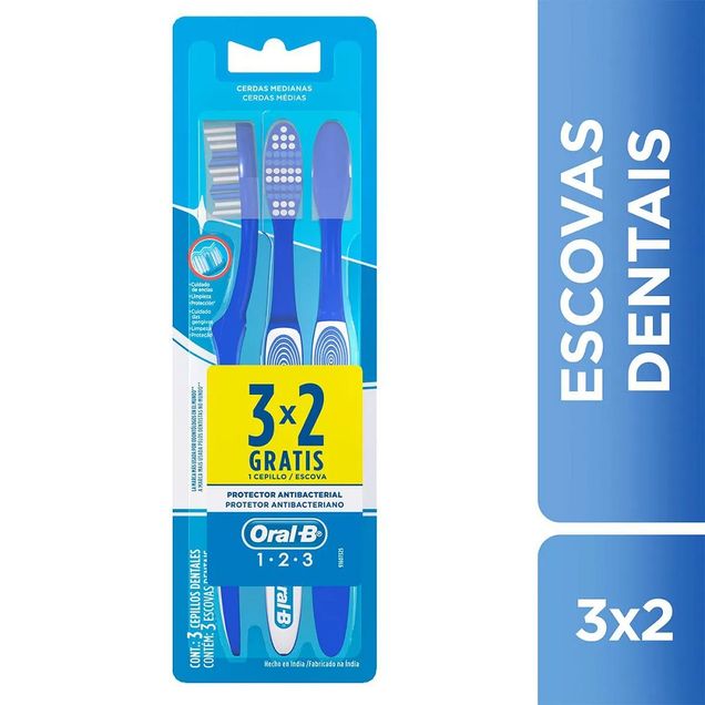 Escova de Dente 123 Limpeza Brilhante Cerdas Médias Oral-B 3 Unidades