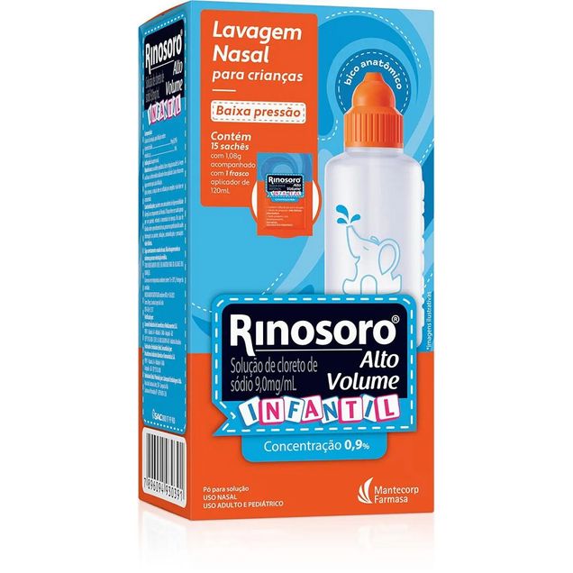 Rinosoro Alto Volume Infantil 9 mg/ml Mantecorp Farmasa 15 sachês + frasco 120ml