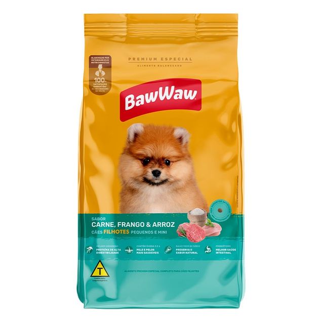 Ração Cão Filhote Baw Waw Raça Pequena Carne, Frango e Arroz 900g