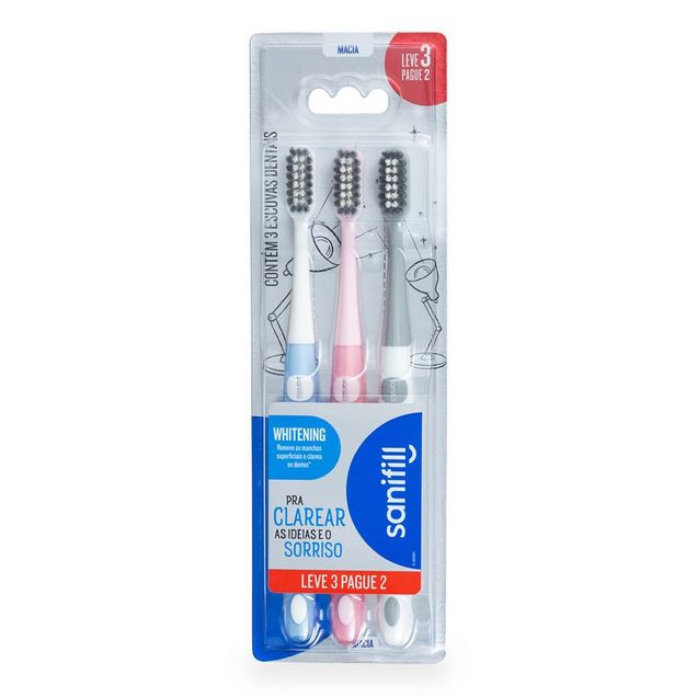 Escova de Dente Sanifil Whitening Macia 3 Unidades - Cores Sortidas