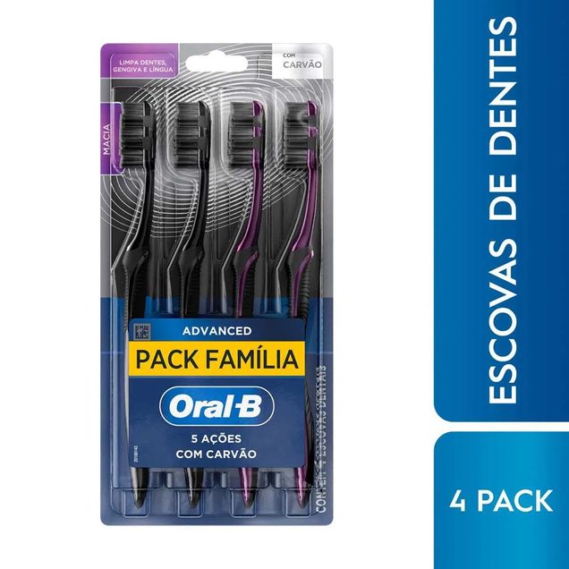 Escova de Dente 5 Ações Com Carvão Advanced Macia Oral-B 4 Unidades