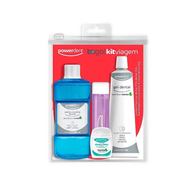 Kit Escova Dental Viagem Anti-Cáries Powerdent Escova+Fio25m+Creme50g+Solução60ml