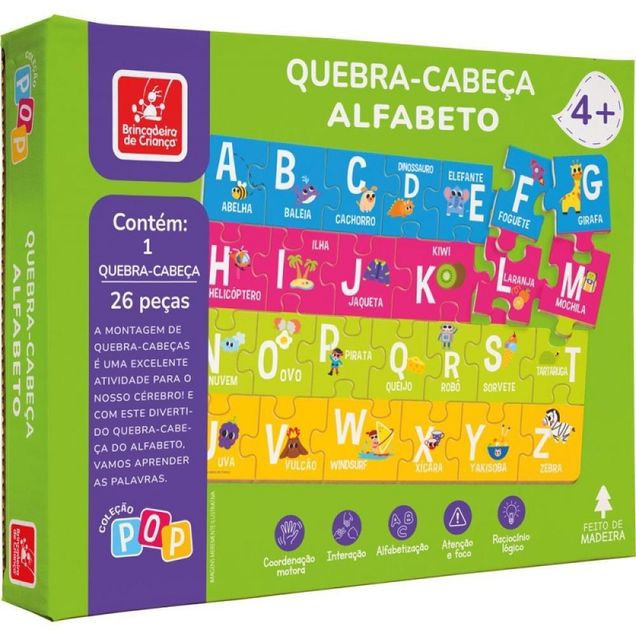 Quebra-cabeça Alfabeto Brincadeira de Criança Madeira 26 peças