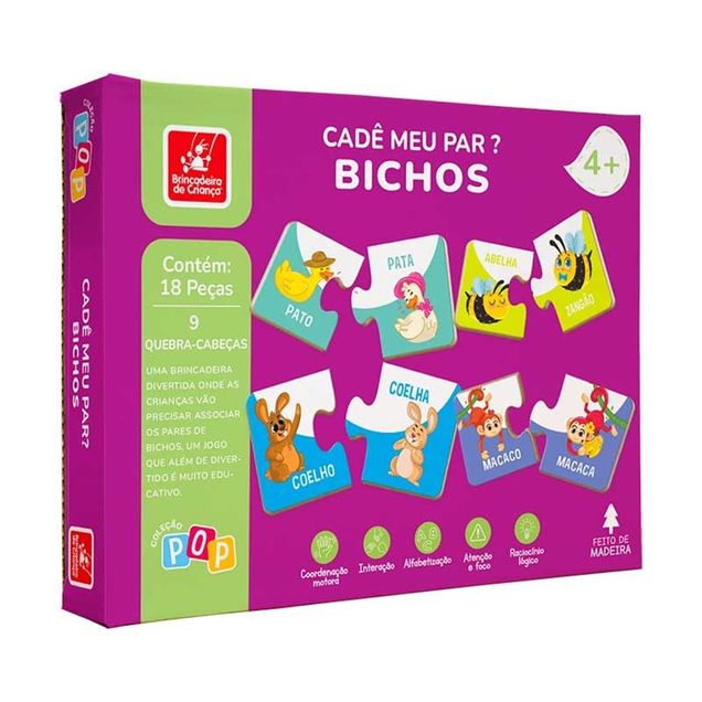 Quebra-cabeça Brincadeira de Criança Bichos 18 peças