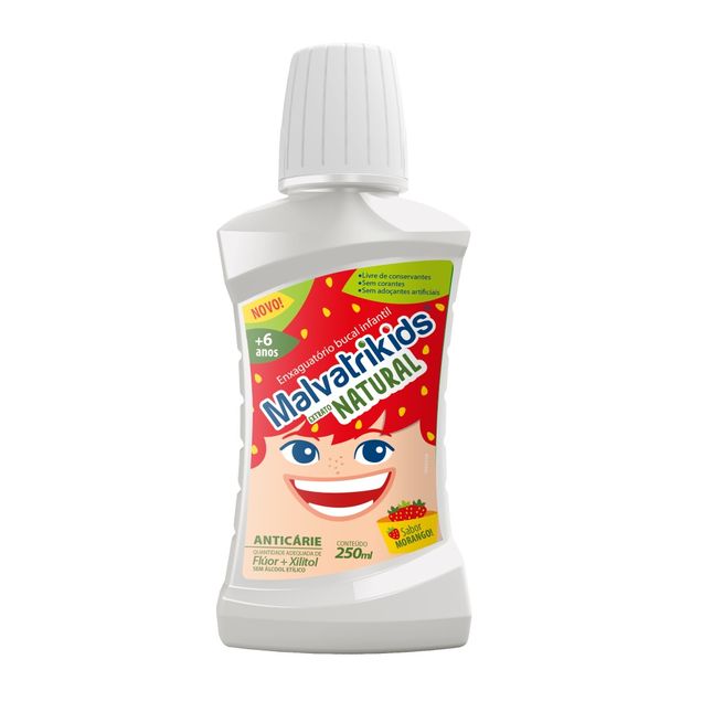 Enxaguante Bucal Natural Morango Sem Álcool Infantil Malvatrikids 250ml